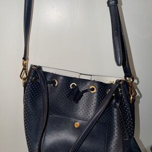 Michael Kors Navy Perforated Bucket Bag with Gold Hardware